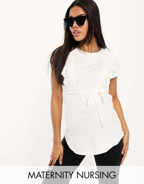 Mamalicious Maternity lace trim nursing t-shirt in white 