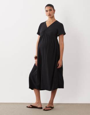 Mama.licious Mamalicious Maternity Lace Trim Ruched Front Midi Tea Dress In Multi