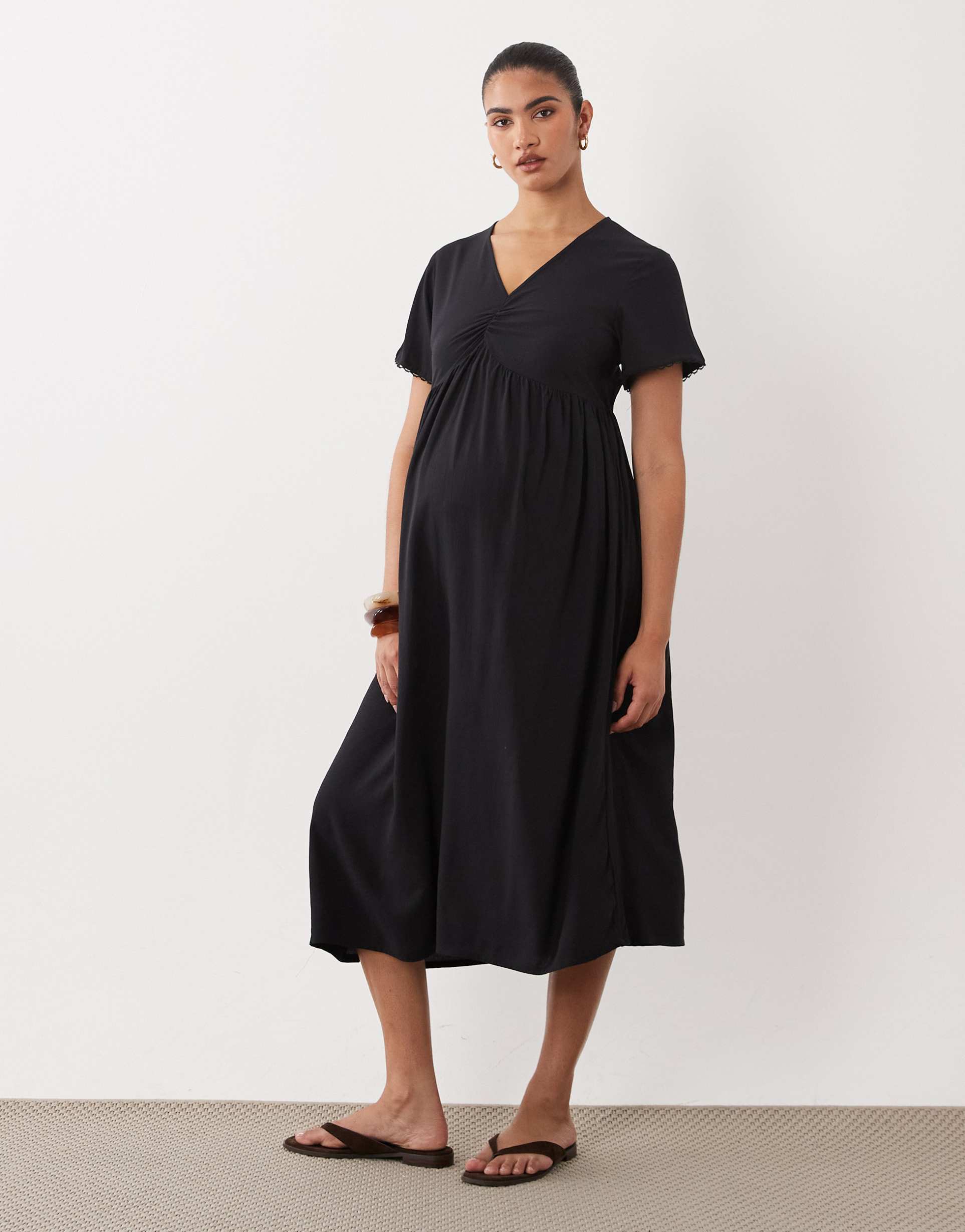 mamalicious maternity lace trim ruched front midi tea dress in black