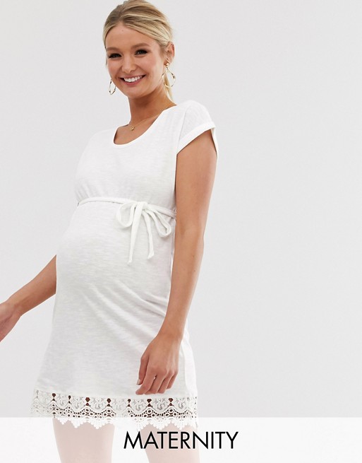 Mamalicious maternity lace trim t-shirt dress in white