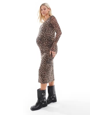 Mamalicious Maternity - Langärmliges Midikleid aus Netzstoff mit Leopardenprint, Umstandsmode-Bunt