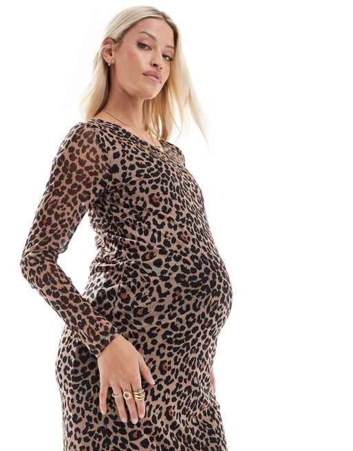 Mamalicious Maternity Langarmliges Midikleid aus Netzstoff mit Leopardenprint Umstandsmode