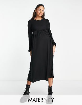 Mama.licious Maternity - Langärmliges Midikleid in Schwarz mit gerafftem Oberteil