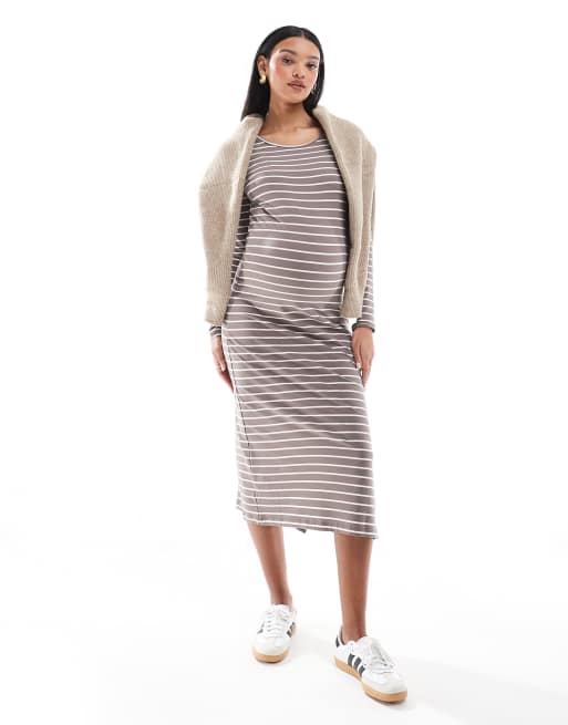 Mamalicious Maternity – Langärmliges Umstands-Maxikleid aus Jersey in Taupe gestreift, 2 von 4