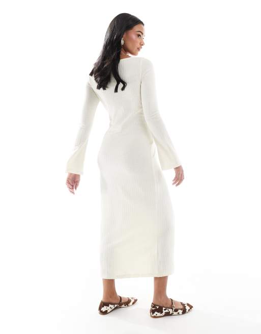 Mamalicious Maternity – Langärmliges Umstands-Midikleid aus geripptem Jersey in Cremeweiß, 2 von 4