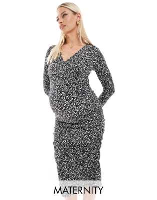 Mama. licious Maternity - Langärmliges Umstands-Midikleid aus Jersey mit Blumenprint-Weiß