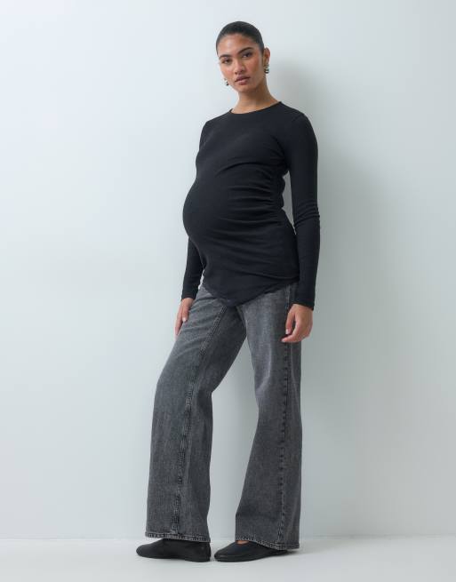 Mamalicious Maternity langærmet asymmetrisk top med blondedetalje i sort, 2 af 5