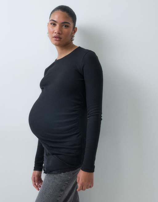 Mamalicious Maternity langærmet asymmetrisk top med blondedetalje i sort, 5 af 5