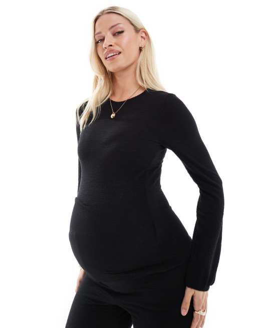 Mamalicious Maternity - Langærmet sort jerseytop med tekstur - Del af sæt, 2 af 4