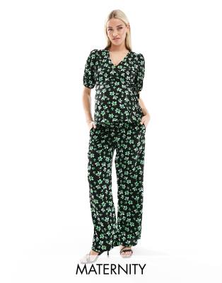 Mama.licious Maternity - Lässig geschnittene Hose mit Unterbauchbund und Palmenprint, Kombiteil-Schwarz