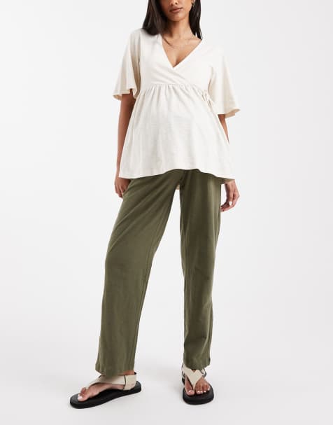 Mama.licious Maternity – Leichte Sommerhose in dunklem Khaki mit weitem Schnitt und Unterbauchbund - view 1