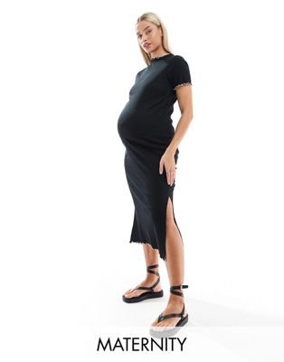 Mamalicious Maternity lettuce edge jersey midi dress in black