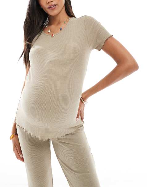 Mamalicious Maternity lettuce edge t-shirt co-ord in beige - view 1