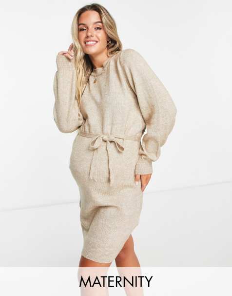Mamalicious Maternity lightweight knitted mini jumper dress in beige - view 1