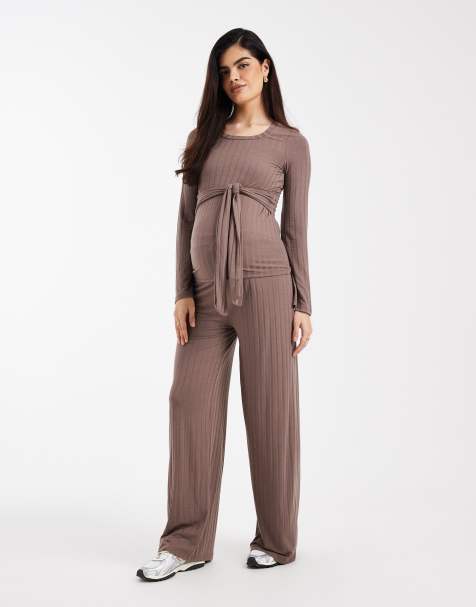 Mamalicious Maternity – Ljusbruna, ribbade byxor med vida ben i jersey, del av set - view 1