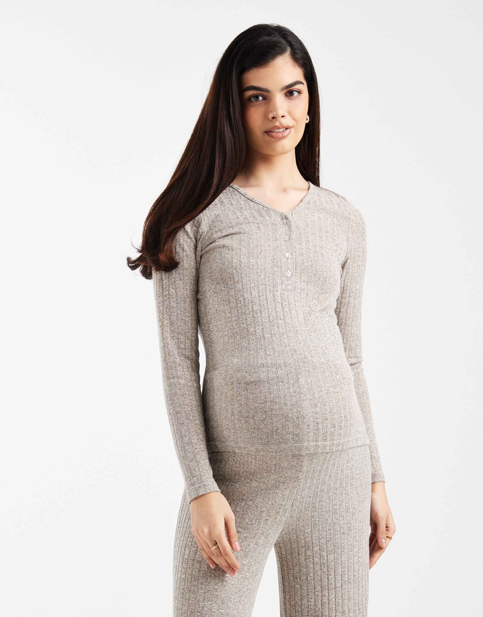 mamalicious maternity long sleeve 2-function nursing button front top in khaki melange - part of a set