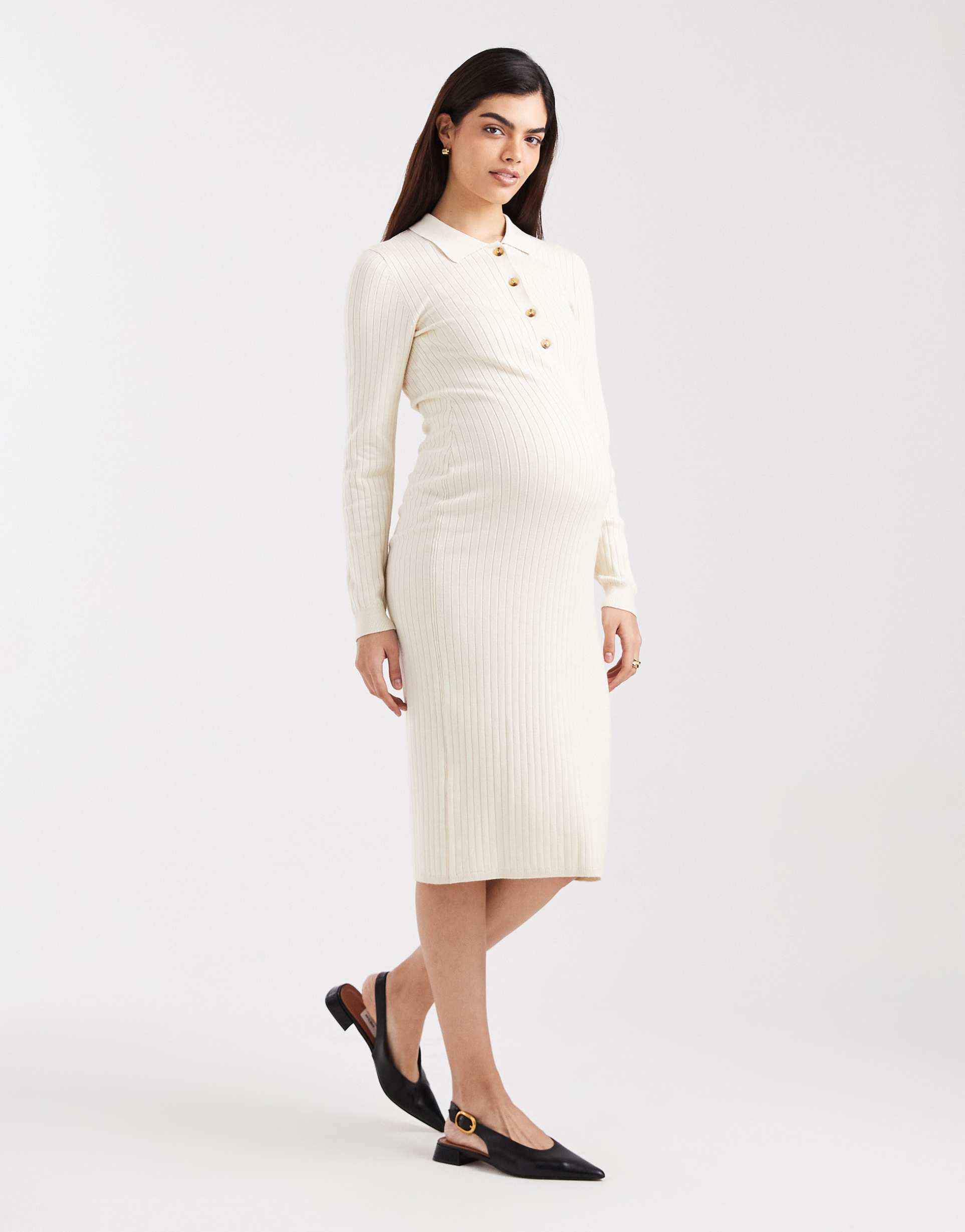 mamalicious maternity long sleeve 2 function nursing ribbed button front midi dress in cream