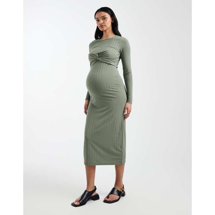 Mamalicious Maternity long sleeve 2 function nursing ribbed midi dress in  light green | ASOS