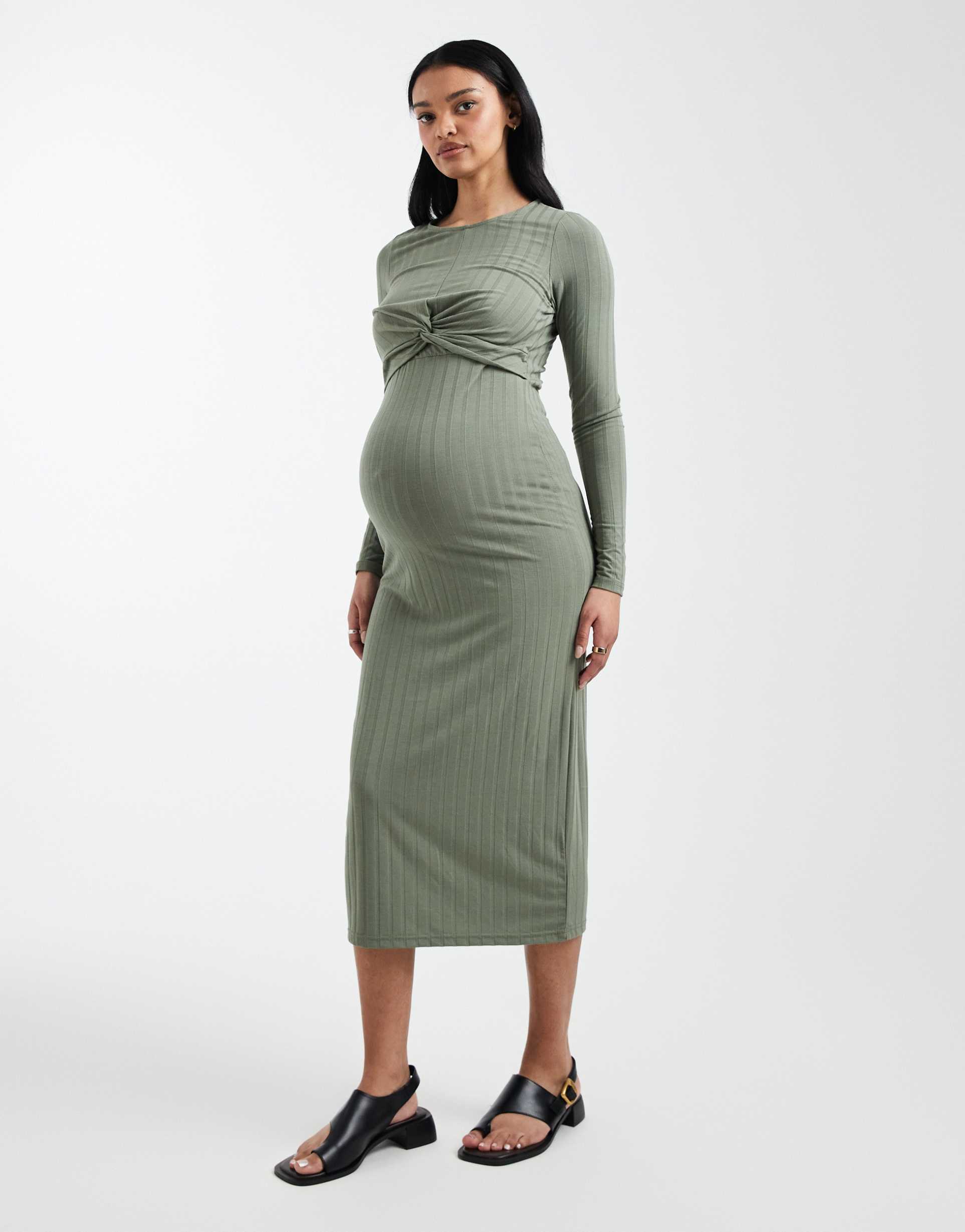 mamalicious maternity long sleeve 2 function nursing ribbed midi dress in light green