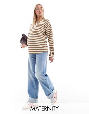 Mamalicious Maternity long sleeve breton stripe T-shirt in white and yellow