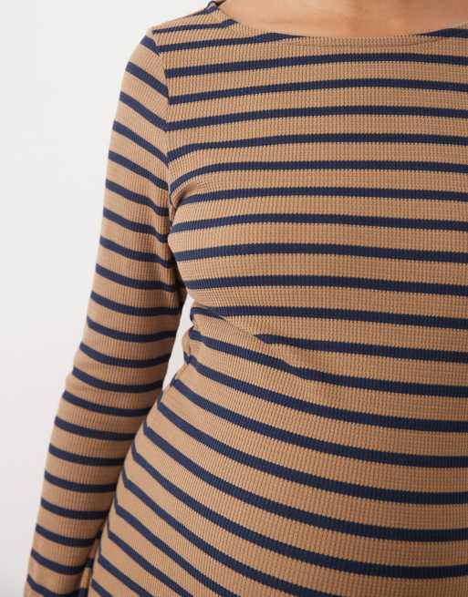 Mamalicious Maternity long sleeve jersey midi dress in beige and navy stripes, 2 of 4