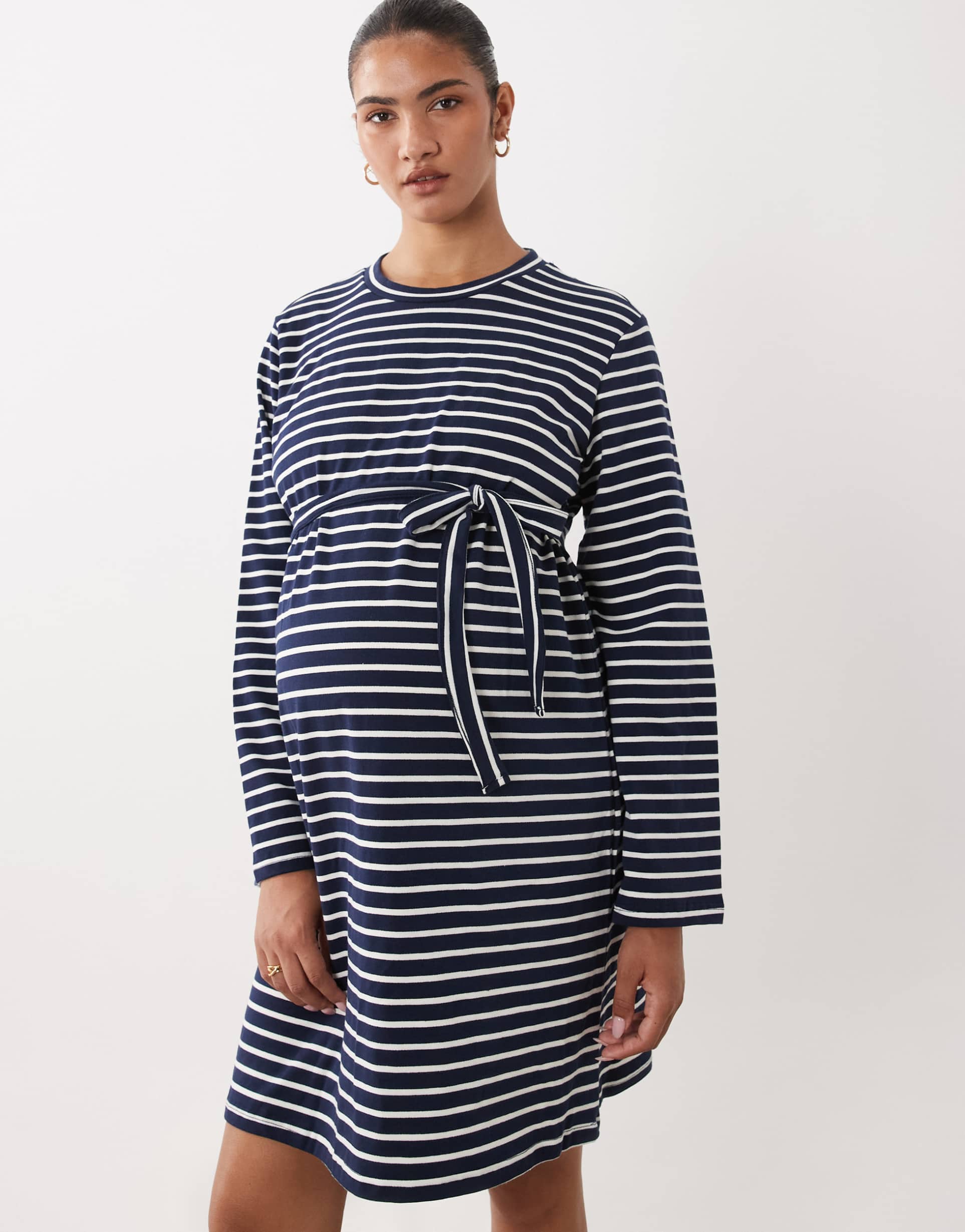 mamalicious maternity long sleeve jersey mini dress in navy and white stripe