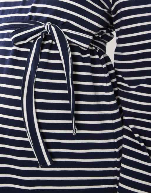 Mamalicious Maternity long sleeve jersey mini dress in navy and white stripe, 3 of 4