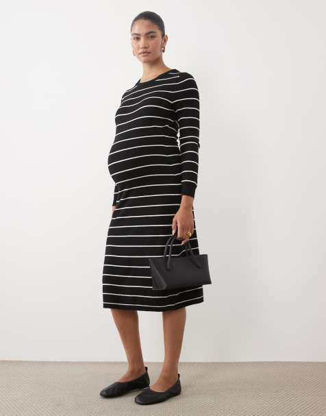 Mamalicious Maternity long sleeve knitted midi dress in black with white stripes - view 1