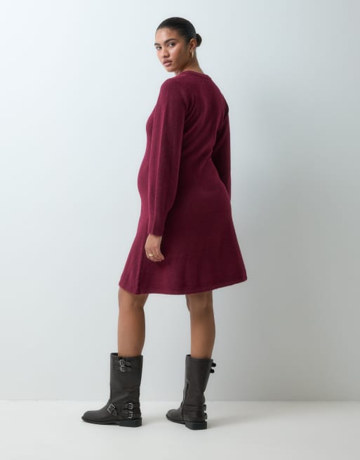 Mamalicious Maternity long sleeve knitted mini dress in burgundy, 3 of 4