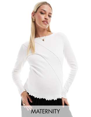 Mamalicious Maternity long sleeve lettuce edge top in white