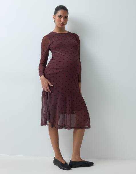 Mamalicious Maternity long sleeve mesh midi dress in burgundy spot print - view 1