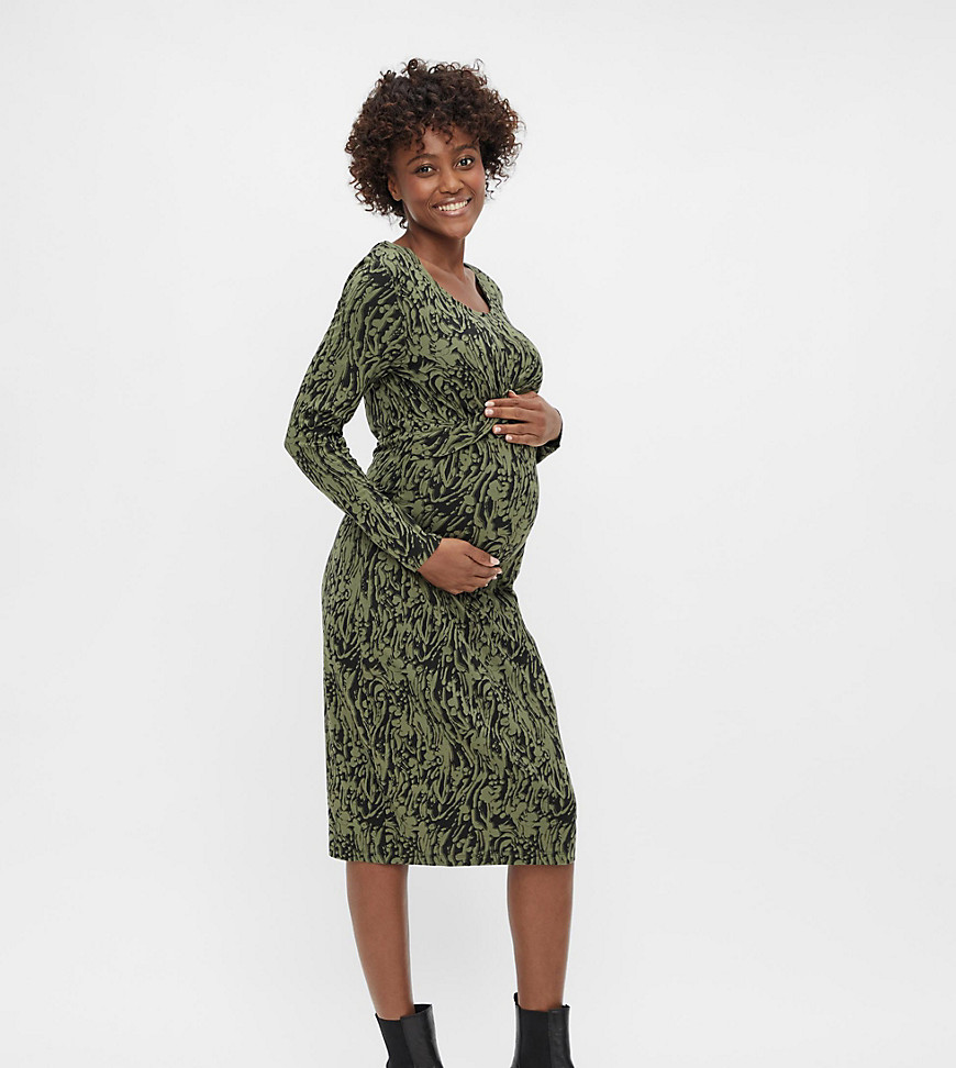 Mamalicious Maternity long sleeve midi dress in khaki abstract print-Green