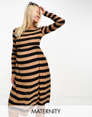 Mamalicious Maternity long sleeve mini dress in black stripe