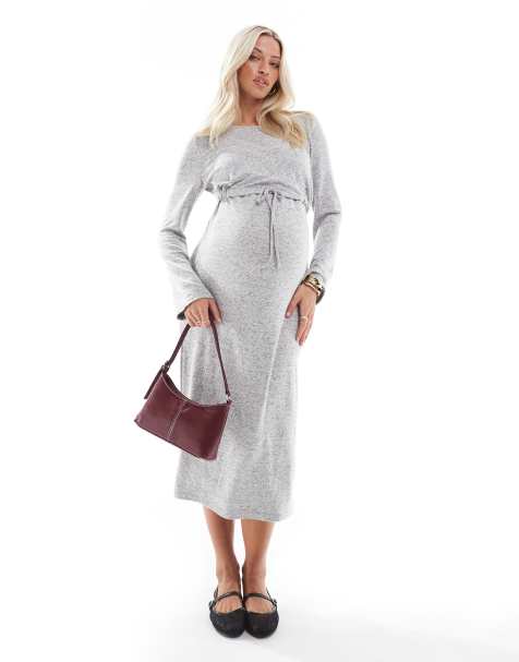 Mamalicious Maternity long sleeve nursing midi dress in light gray melange - view 1