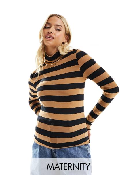Mamalicious Maternity long sleeve roll neck top in black and brown stripe - view 1