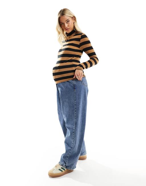 Mamalicious Maternity long sleeve roll neck top in black and brown stripe