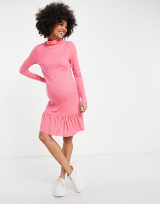 Mamalicious Maternity long sleeve ruffle hem mini dress in pink | ASOS