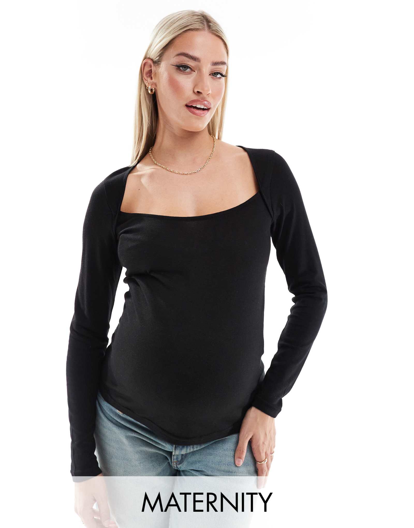 Футболка с длинным рукавом и квадратным вырезом Mamalicious Maternity черного цвета
