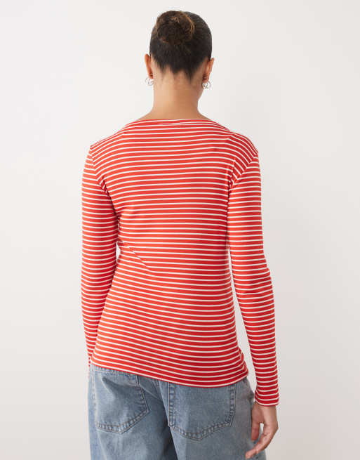 Mamalicious Maternity long sleeve t-shirt in red and pink stripe, 3 of 4