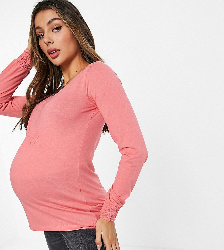 Mamalicious Maternity long sleeve T-shirt with gathering detail above bump in pink