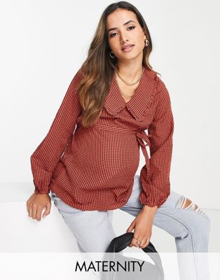 Mama.licious maternity long sleeve textured smock top with collar in dusty red gingham