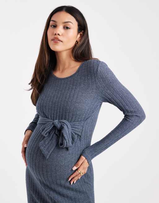 Mamalicious Maternity long sleeve tie front midi dress in navy melange, 2 of 4