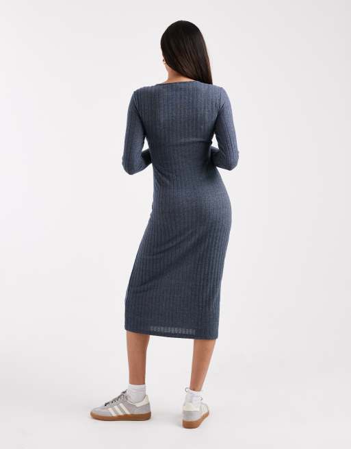 Mamalicious Maternity long sleeve tie front midi dress in navy melange, 3 of 4