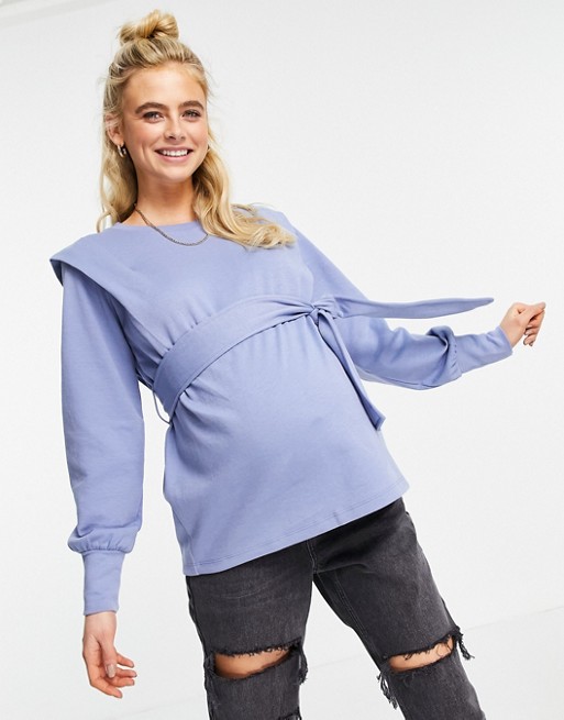 Mamalicious Maternity long sleeve top with over the bump tie in blue