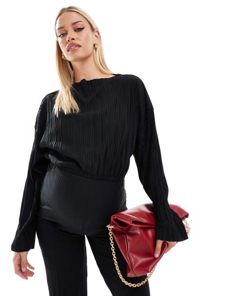 Mamalicious Maternity long sleeved plisse cropped top in black (part of a set) - view 1