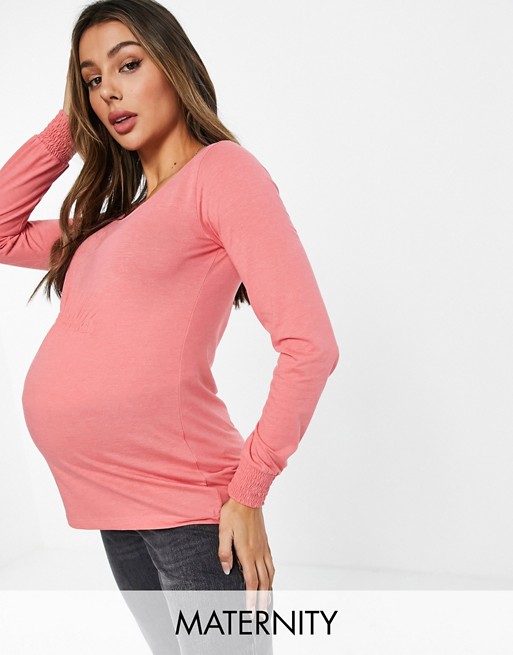 Mamalicious Maternity long sleeved t-shirt with gathering detail above bump in pink