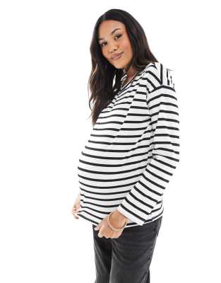 Mamalicious Maternity long sleeved waffle jersey top in mono stripe-Multi