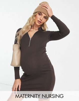 Mamalicious Maternity nursing long sleeved zip up mini dress in chocolate brown