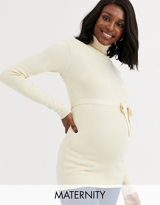 Mamalicious Maternity longline jumper with roll neck and belted waist in cream