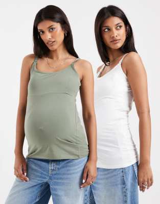 Mamalicious Maternity - Lot de 2 débardeurs d'allaitement - Kaki/blanc-Multicolore L